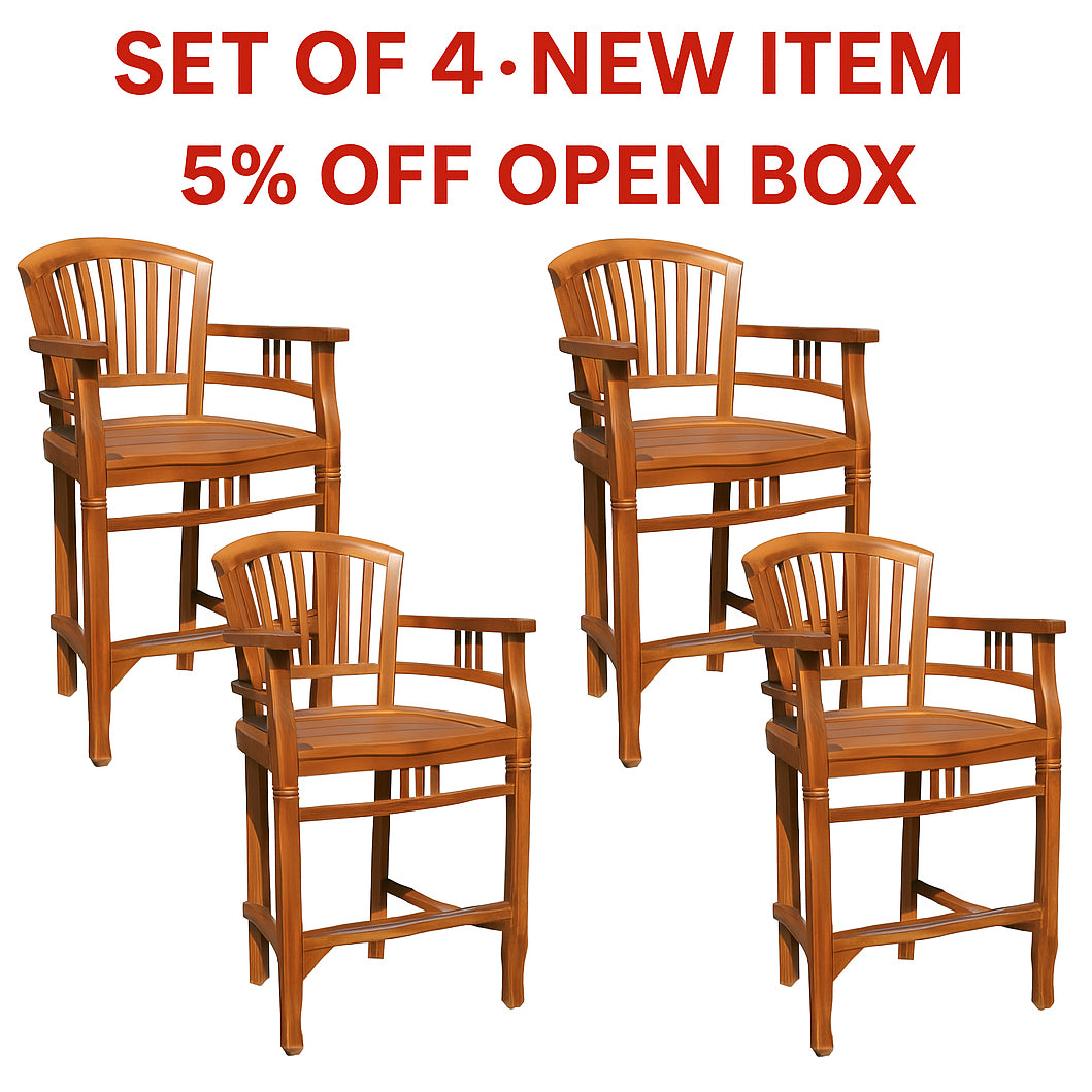 5% OFF OPEN BOX SPECIAL – Set of 4 Teak Wood Orleans Counter Stools with Arms (New & Unused)