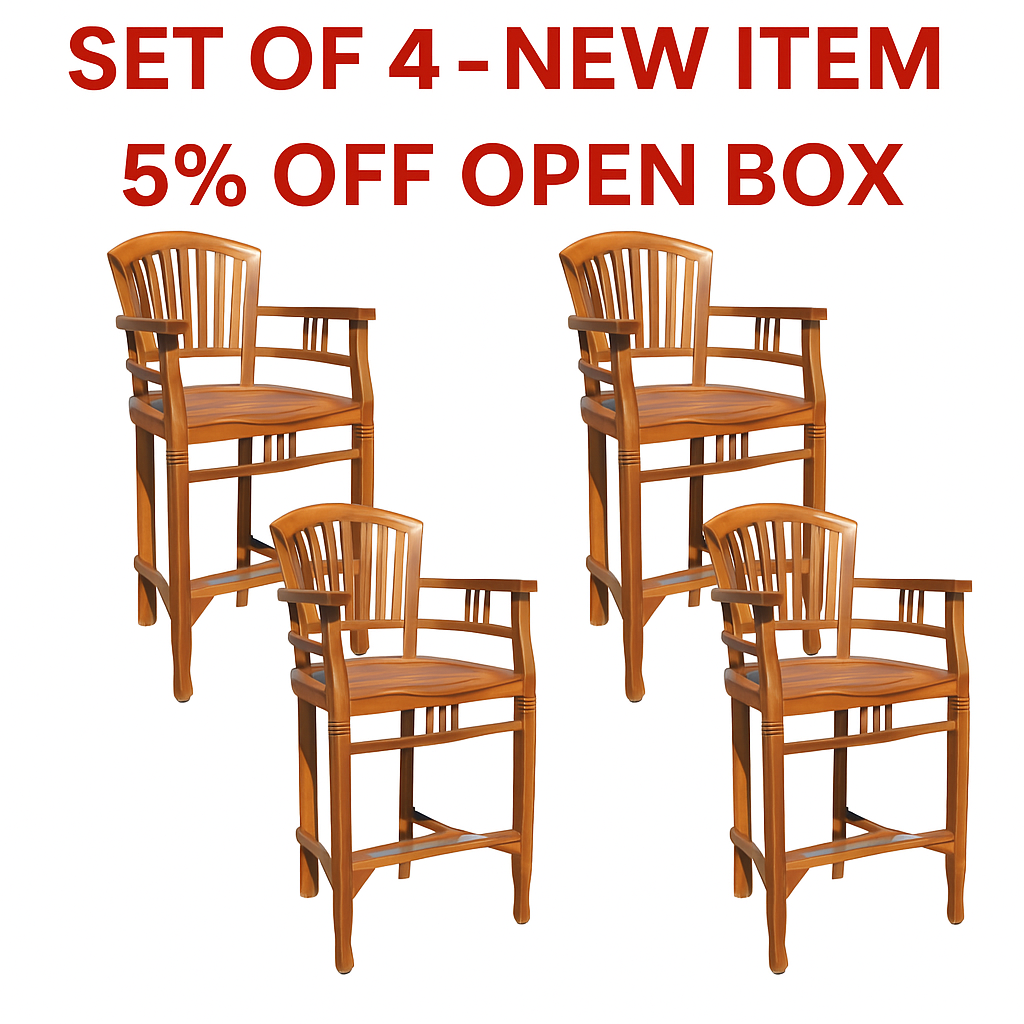 5% OFF OPEN BOX SPECIAL – Set of 4 Teak Wood Orleans Bar Stools With Arms (New & Unused)