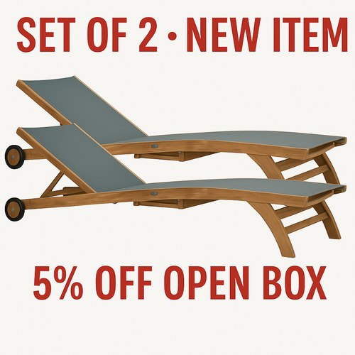 5% OFF OPEN BOX SPECIAL – Set of 2 Teak Bahama Pool Loungers With Batyline Mesh, Grey (New & Unused)