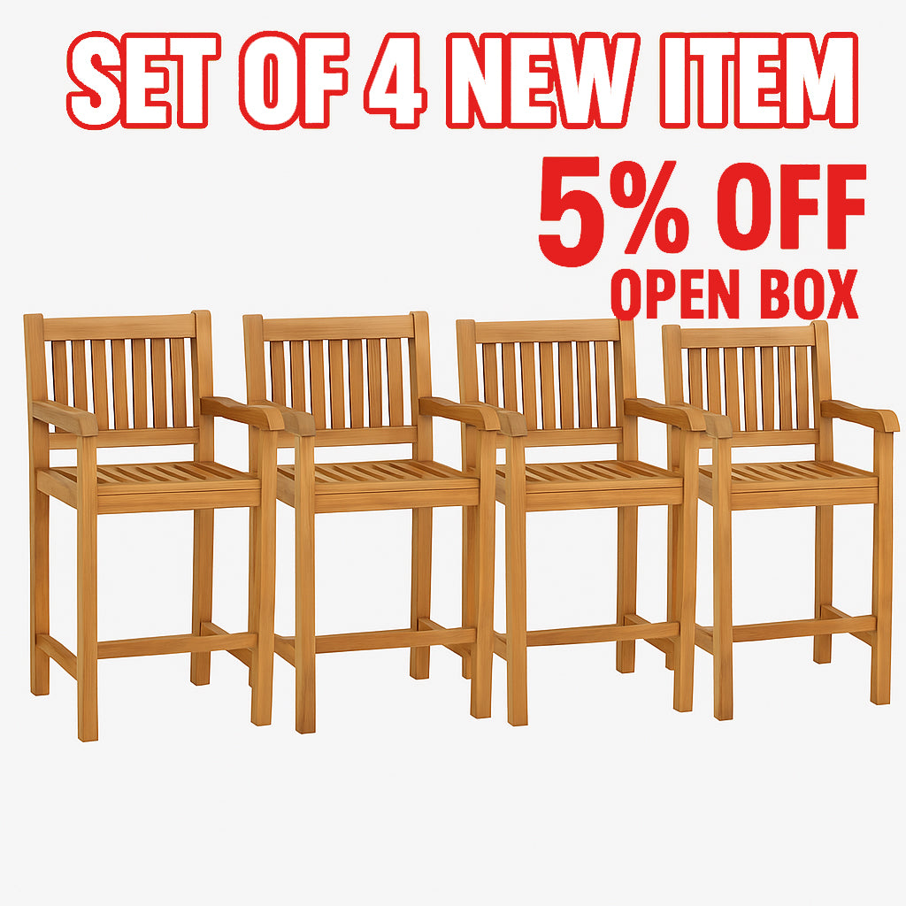 5% OFF OPEN BOX SPECIAL – Set of 4 Teak Wood Elzas Barstools with Arms (New & Unused)