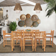 9 Piece Teak Wood Chippendale Rectangular Extension Table Bar Dining Set including 8 Barstools with Arms