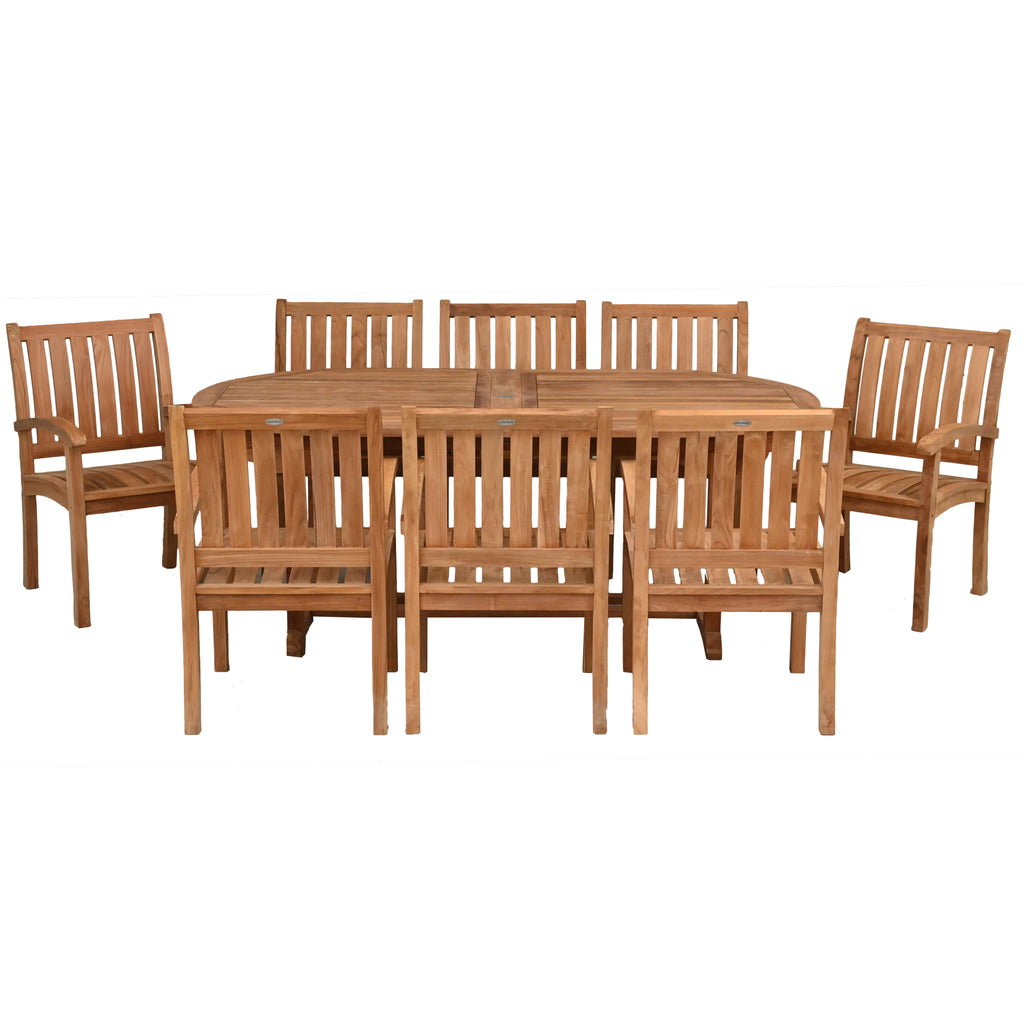 9 Piece Teak Wood Dining Set including Oval Extension Table with 8 ...