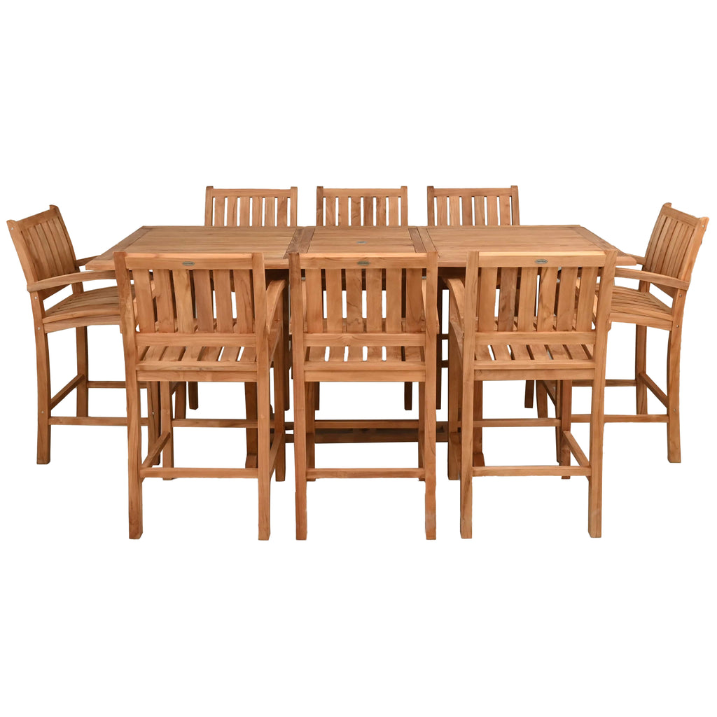 9 Piece Teak Wood Bar Set Including Rectangular Extension Bar Table and ...