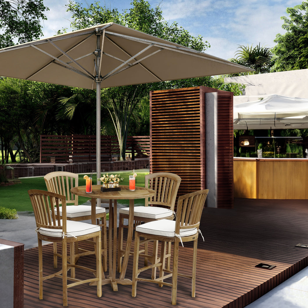5 Piece Round Teak Wood Armless Orleans Bar Table/Chair Set With Cushions
