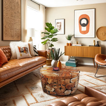Recycled Teak Wood Round Akar Coffee Table, 28 Inch