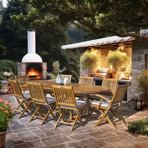 9 Piece Teak Wood Santa Barbara Patio Dining Set with Oval Extension Table, 2 Folding Arm Chairs and 6 Folding Side Chairs