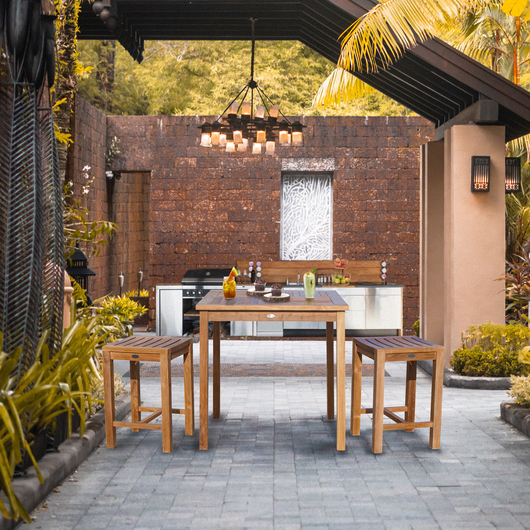 3 Piece Teak Wood Seville Medium Counter Height Patio Bistro Set, 2 Counters Stools and 35