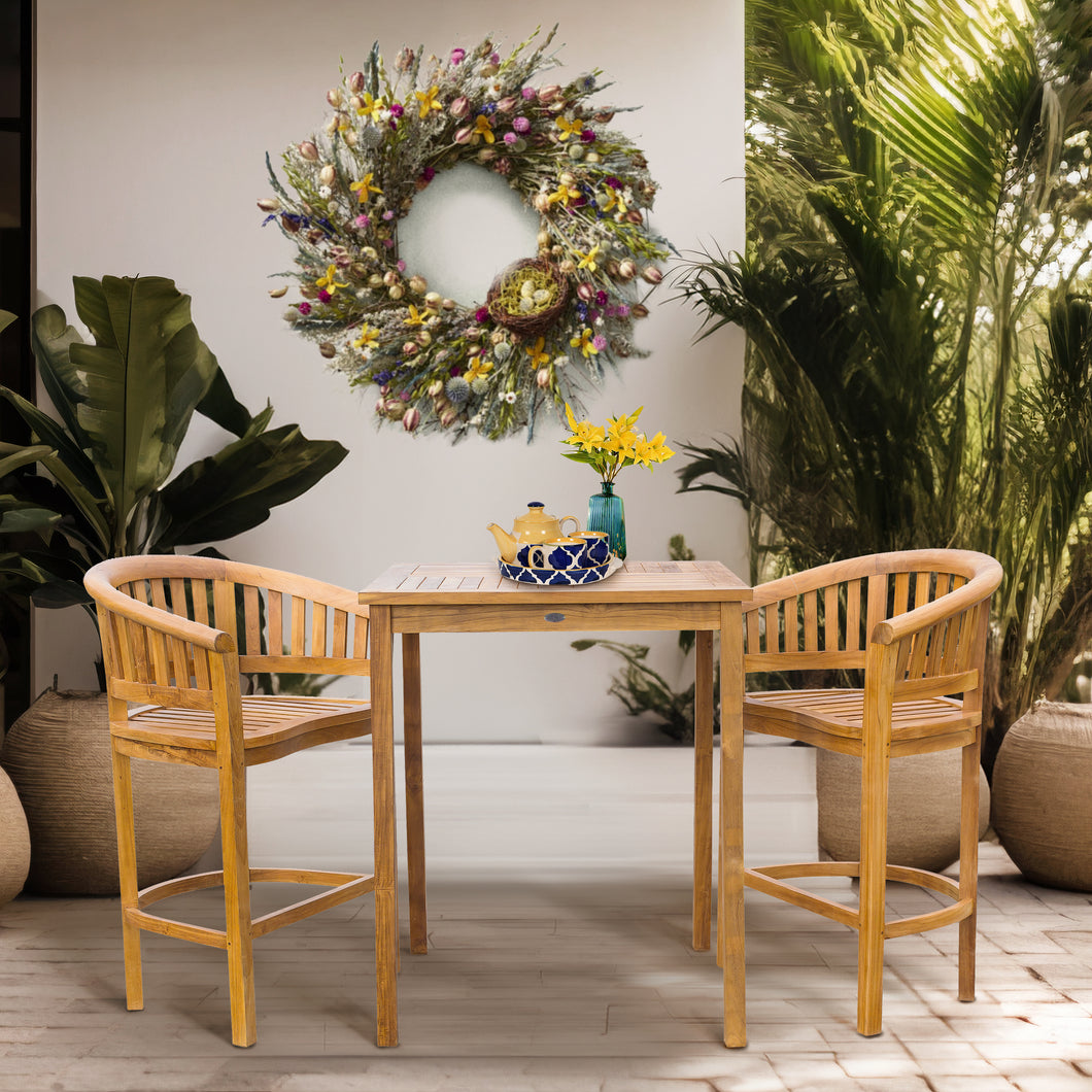 3 Piece Teak Wood Peanut Patio Bistro Bar Set with 2 Bar Chairs and 35