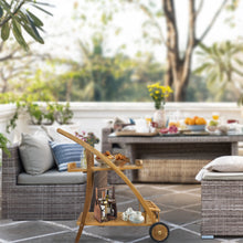 Teak Wood Serving Trolley with Serving Tray, Bottle Holders and Rubber Wheels