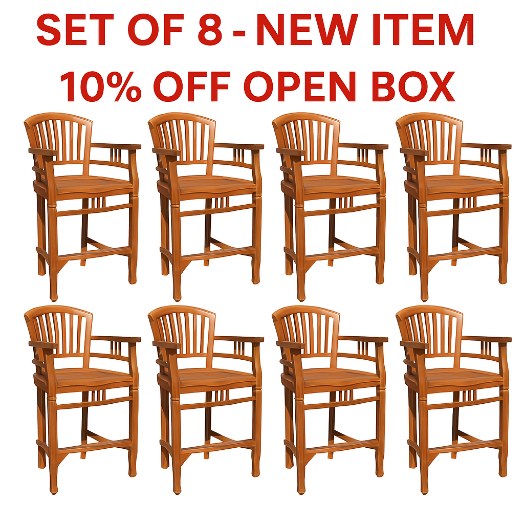 10% OFF OPEN BOX SPECIAL – Set of 8 Teak Wood Orleans Counter Stools with Arms (New & Unused)
