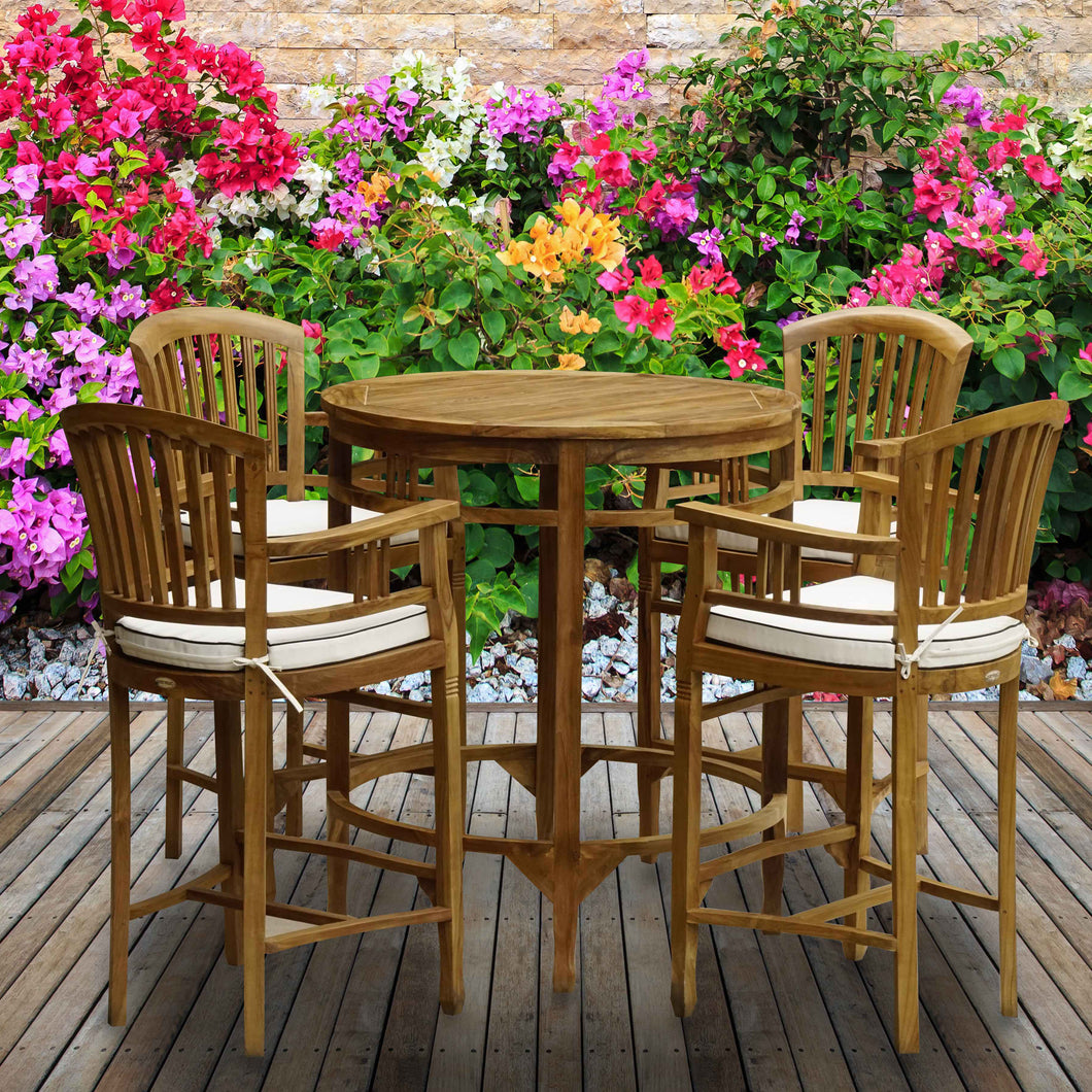 5 Piece Teak Wood Orleans Bar Table/Chair Set With Cushions