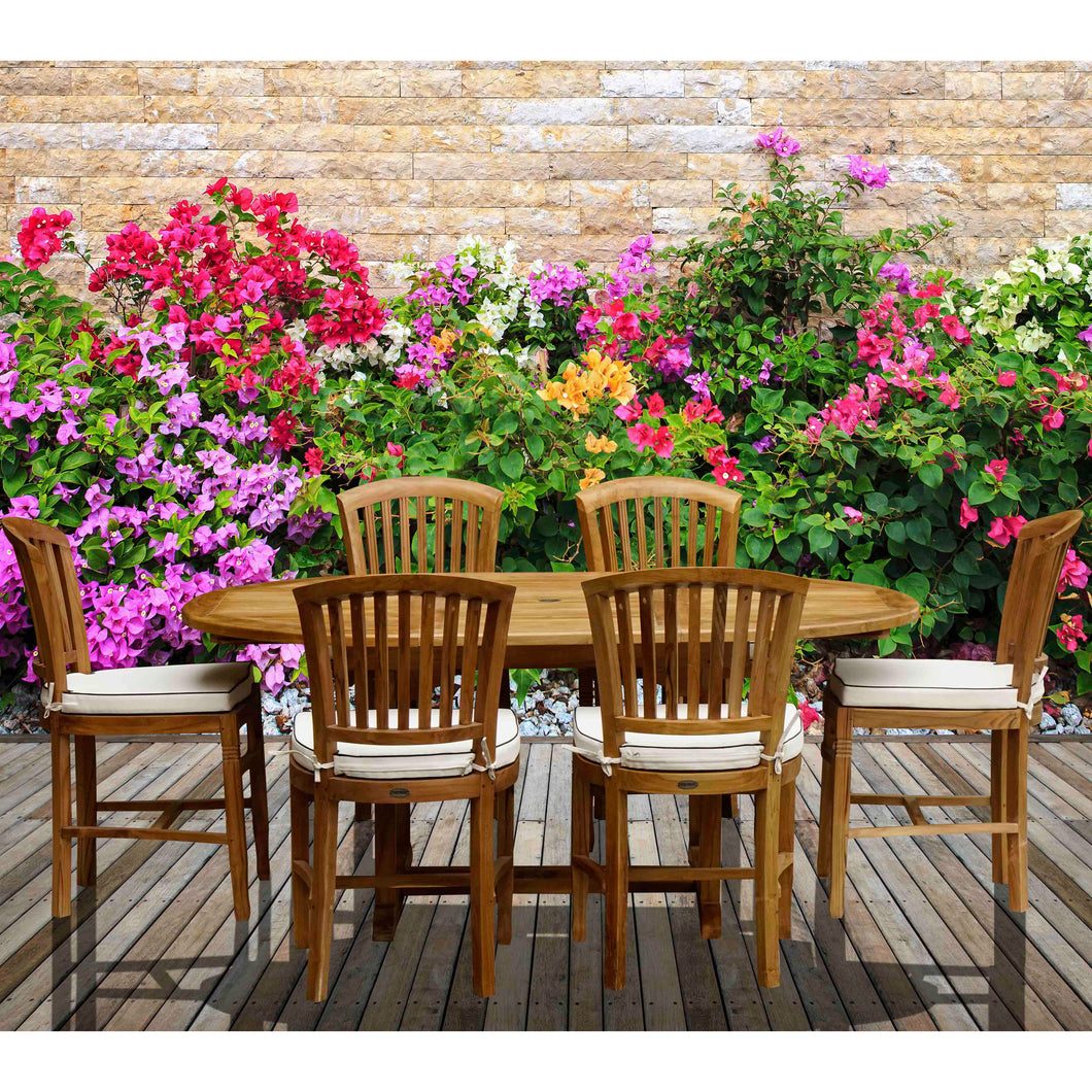 7 Piece Armless Teak Wood Orleans Table/Chair Set With Cushions