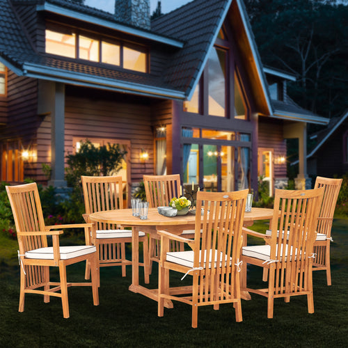 7 Piece Teak Wood Balero Round to Oval Dining Set with 6 Arm Chairs