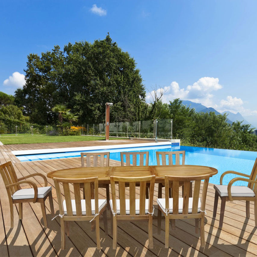 9 Piece Oval Teak Wood Boston Table/Chair Set With Cushions