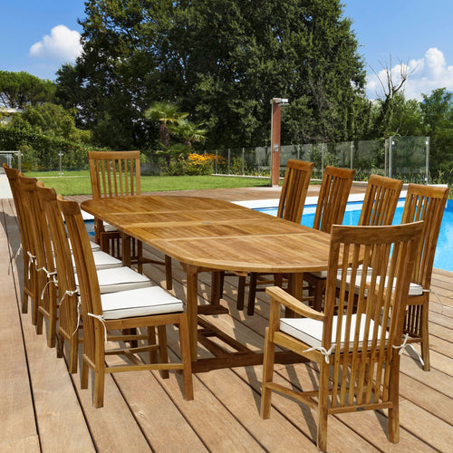 11 Piece Oval Teak Wood Balero Table/Chair Set With Cushions