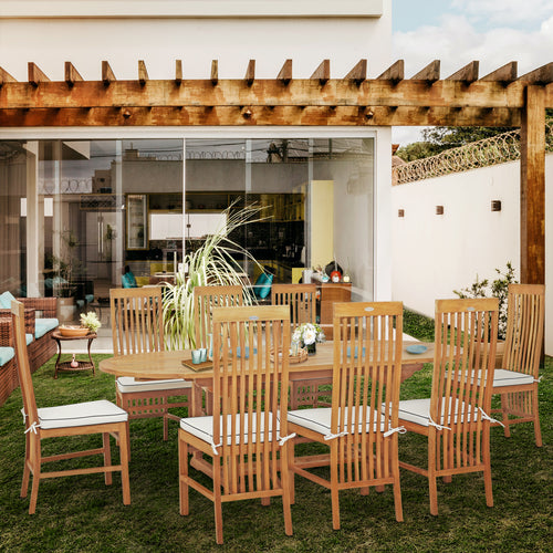9 Piece Teak Wood West Palm Outdoor Patio Dining Set including Oval Extension Table & 8 Side Chairs