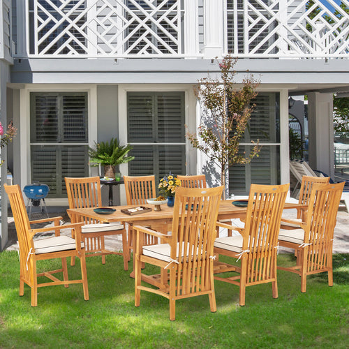 9 Piece Teak Wood Balero Outdoor Patio Dining Set including Rectangular Extension Table & 8 Arm Chairs