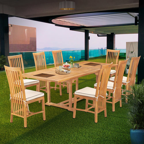 9 Piece Teak Wood Balero Outdoor Patio Dining Set including Rectangular Extension Table & 8 Side Chairs