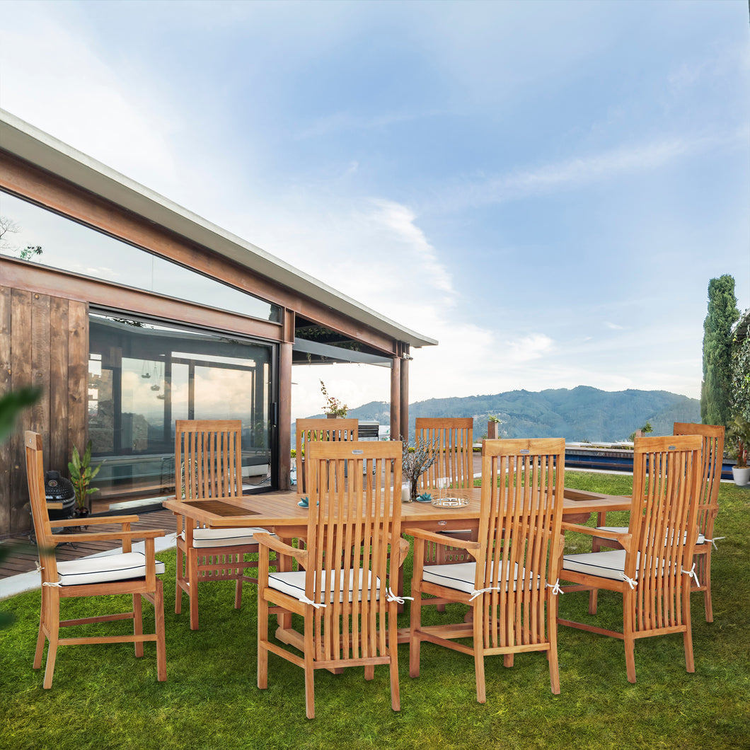9 Piece Teak Wood West Palm Outdoor Patio Dining Set including Semi-Oval Extension Table & 8 Arm Chairs