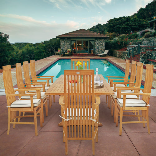 11 Piece Teak Wood West Palm Patio Dining Set including Rectangular Double Extension Table & 10 Arm Chairs