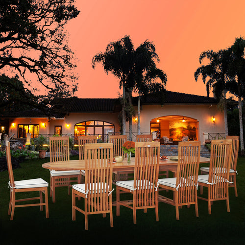 11 Piece Teak Wood West Palm Patio Dining Set including Oval Double Extension Table & 10 Side Chairs