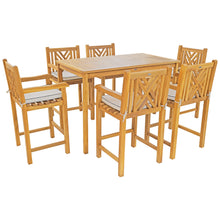 7 Piece Teak Wood Chippendale 63" Rectangular Bistro Bar Set including 6 Bar Chairs with Arms