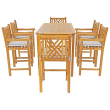 7 Piece Teak Wood Chippendale 63" Rectangular Bistro Bar Set including 6 Bar Chairs with Arms