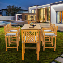 7 Piece Teak Wood Chippendale 63" Rectangular Bistro Bar Set including 6 Bar Chairs with Arms