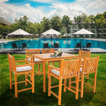 7 Piece Teak Wood Chippendale 55" Rectangular Bistro Bar Set including 6 Bar Chairs with Arms