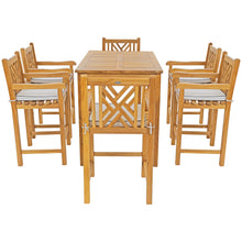 7 Piece Teak Wood Chippendale 55" Rectangular Bistro Bar Set including 6 Bar Chairs with Arms