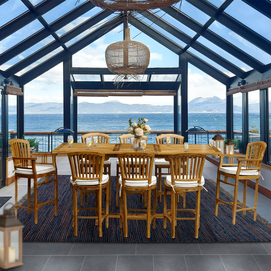 9 Piece Teak Wood Orleans Bar Table/Chair Set With Cushions