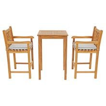3 Piece Teak Wood Chippendale Intimate Bistro Bar Set with 27" Table and 2 Barstools with Arms
