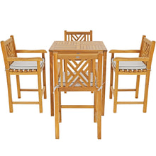 5 Piece Teak Wood Chippendale Bistro Bar Set with 35" Table and 4 Barstools with Arms