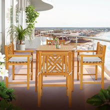 5 Piece Teak Wood Chippendale Bistro Bar Set with 35" Table and 4 Barstools with Arms