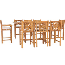 9 Piece Teak Wood Chippendale Rectangular Extension Table Bar Dining Set including 8 Barstools with Arms