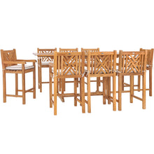 9 Piece Teak Wood Chippendale Rectangular Extension Table Bar Dining Set including 8 Barstools with Arms