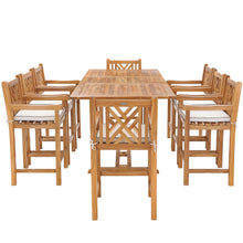 9 Piece Teak Wood Chippendale Rectangular Extension Table Bar Dining Set including 8 Barstools with Arms