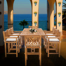 9 Piece Teak Wood Chippendale Rectangular Extension Table Bar Dining Set including 8 Barstools with Arms