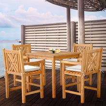5 Piece Teak Wood Chippendale Bistro Counter Dining Set including 35" Table & 4 Counter Stools w/ Arms