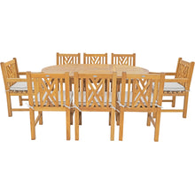 9 Piece Teak Wood Chippendale Dining Set including Round to Oval Extension Table, 2 Arm Chairs & 6 Side Chairs