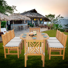 9 Piece Teak Wood Chippendale Dining Set including Round to Oval Extension Table, 2 Arm Chairs & 6 Side Chairs
