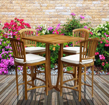 5 Piece Teak Wood Armless Orleans Bar Table/Chair Set With Cushions