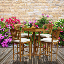 5 Piece Round Teak Wood Armless Orleans Bar Table/Chair Set With Cushions