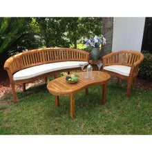 3 Piece Teak Wood Peanut Patio Lounge Set, Triple Bench, Chair & Coffee Table