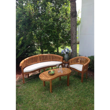 3 Piece Teak Wood Peanut Patio Lounge Set, Triple Bench, Chair & Coffee Table