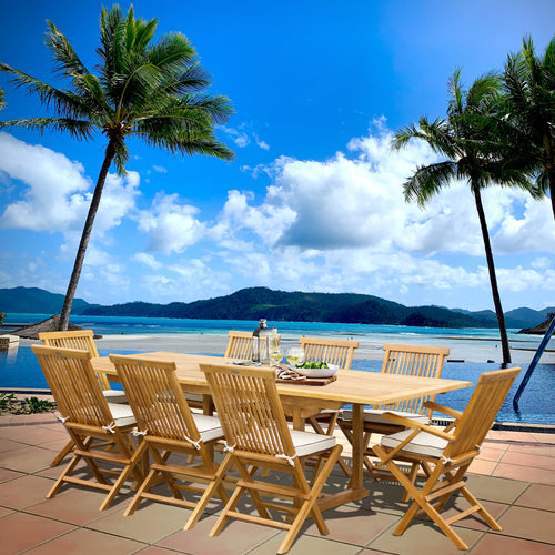 9 Piece Teak Wood Miami Patio Dining Set with Rectangular Extension Table, 2 Folding Arm Chairs and 6 Folding Side Chairs
