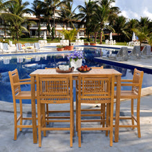 7 Piece Teak Wood Maldives Patio Bistro Bar Set, 55" Bar Table, 2 Barstools with Arms and 4 Armless Barstools