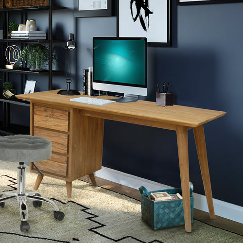 Recycled Teak Wood Retro Writing Desk with 3 Drawers
