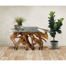 Teak Wood Root Console Table with Glass Top, 48 inches