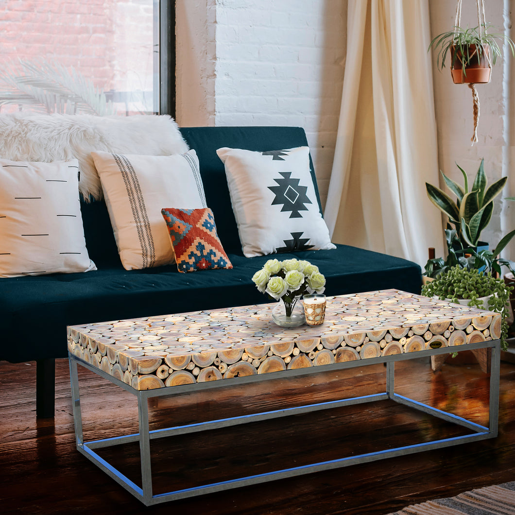 Teak Wood Coffee Table With Stainless Base